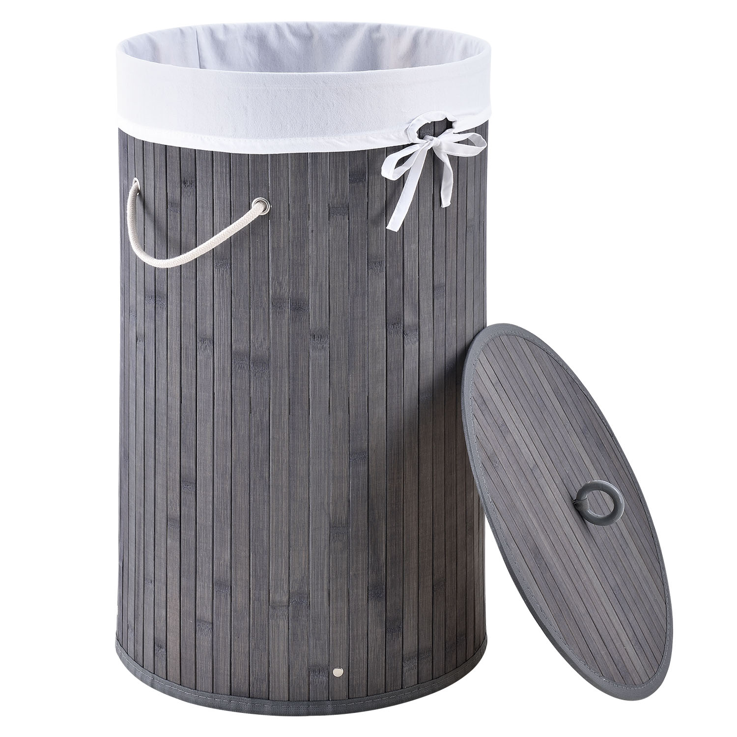 E-shop Juskys Bambusový kôš na prádlo Curly-Round šedý s vakom na bielizeň a rukoväťami, 55 l