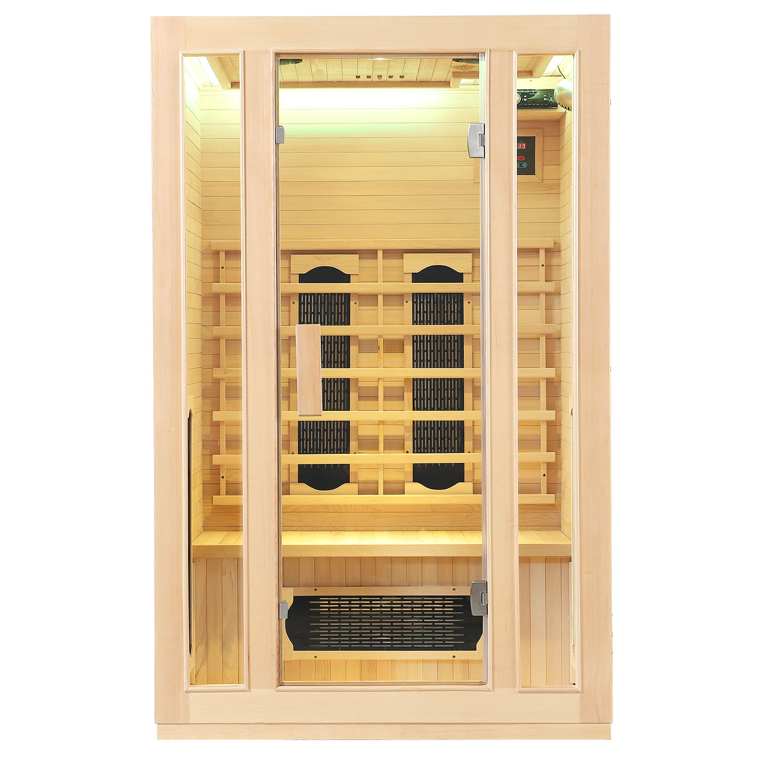 E-shop Juskys Infračervená sauna/tepelná kabína Nyborg S120K s keramikou, panelovým radiátorom a drevom Hemlock