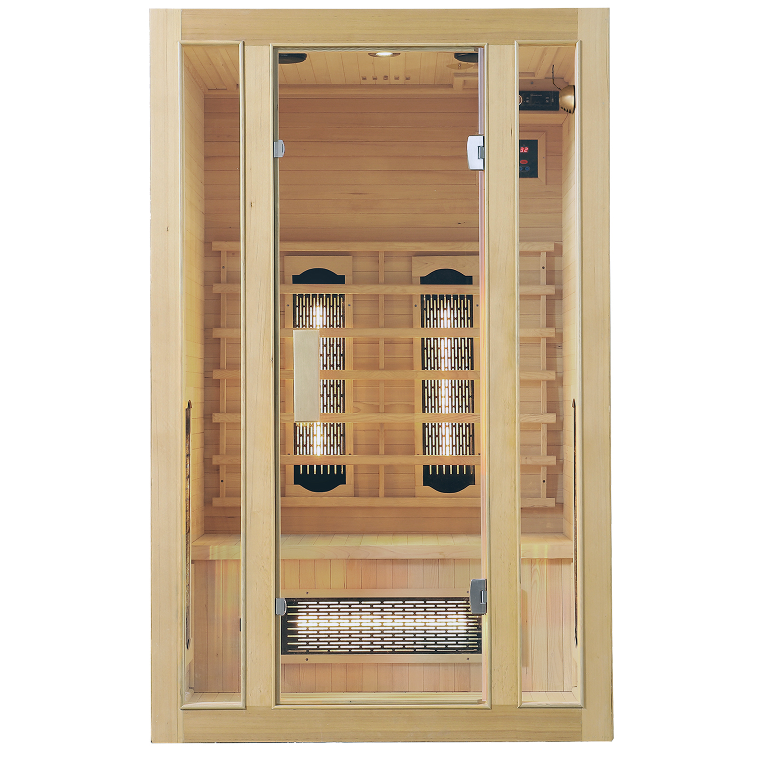 E-shop Juskys Infračervená sauna/tepelná kabína Nyborg S120V s plným spektrom, panelovým radiátorom a drevom Hemlock