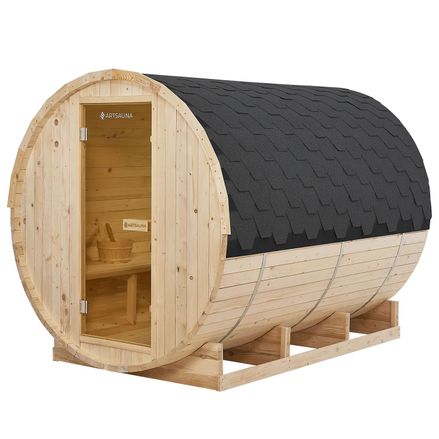 Vonkajšia sudová sauna Spitzbergen XL dĺžka 220 cm priemer 190 cm (8 kW)