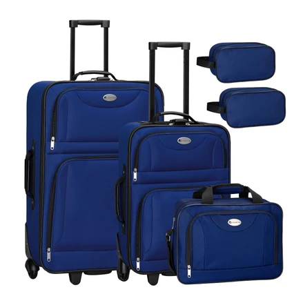 Súprava textilných kufrov 5 kusov s 2 kuframi, taškou cez rameno a 2 kozmetickými taškami - modrá