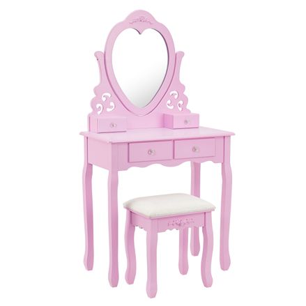 Toaletný stolík "Julia" ružový so srdcovým zrkadlom a s taburetkou