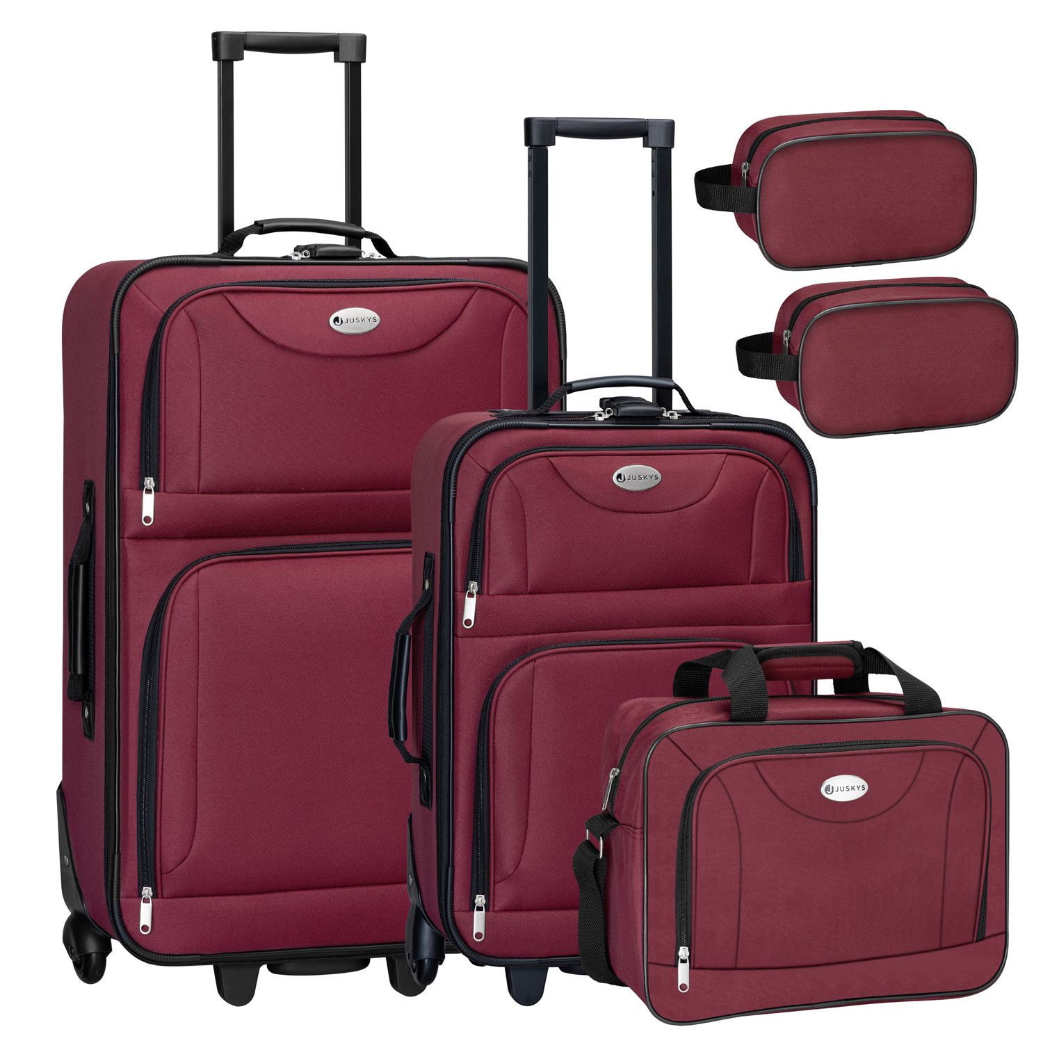 Juskys Súprava textilných kufrov 5 kusov s 2 kuframi, taškou cez rameno a 2 kozmetickými taškami - bordeaux