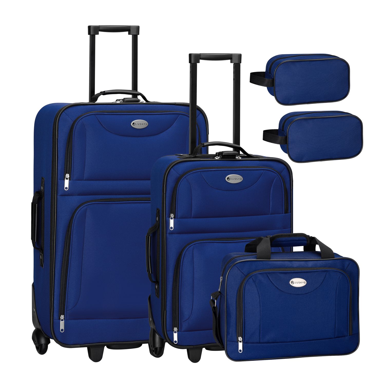 E-shop Juskys Súprava textilných kufrov 5 kusov s 2 kuframi, taškou cez rameno a 2 kozmetickými taškami - modrá